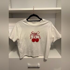 OAK + FORT White T-Shirt with Red Cherry Bow Design